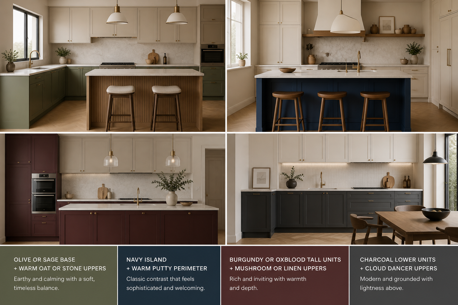 Four two-tone kitchen colour combinations for 2026: olive base with walnut island, navy island with warm putty perimeter, burgundy tall units with mushroom uppers, and charcoal lower cabinets with Cloud Dancer upper cabinets