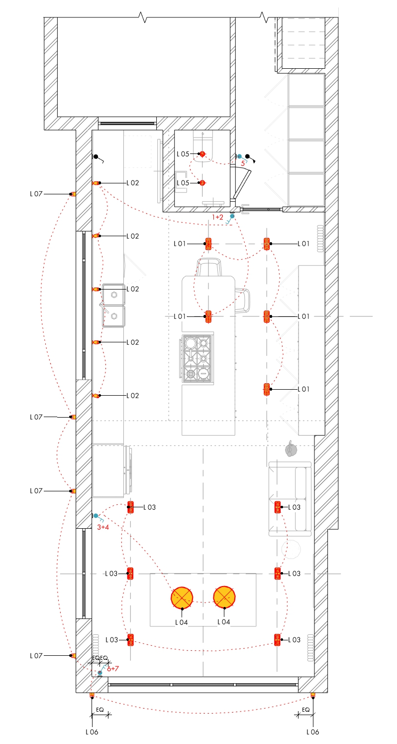 Open-plan kitchen lighting plan for a Birmingham kitchen design, showing layered lighting with adjustable spotlights, dining pendants and zoned switching circuits for different scenes