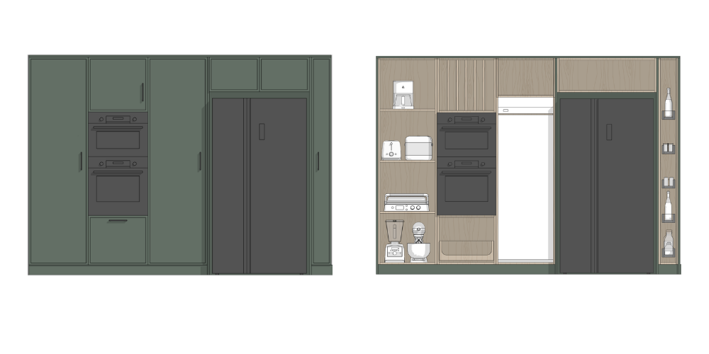 Efficient kitchen storage layout with tall cabinets, integrated appliances and appliance garage designed to keep worktops clutter-free and organised