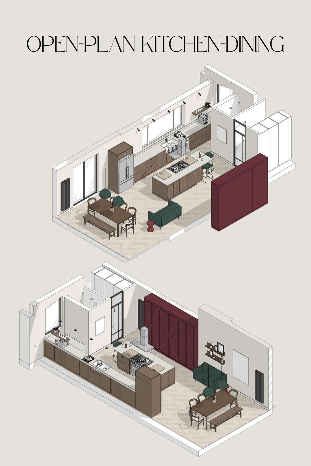 3D isometric render of an open-plan kitchen, dining, and living space with kitchen island, dining table, and sofa in two design finishes