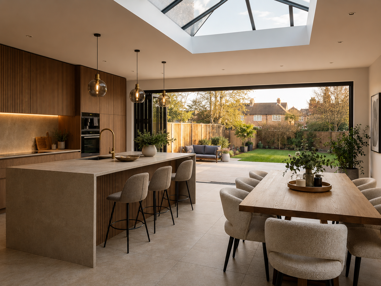 Open-plan kitchen-diner extension in Tamworth with lantern rooflight, bifold doors to garden, central island with bar stools, and oak dining table — interior design by Alekseeva Design