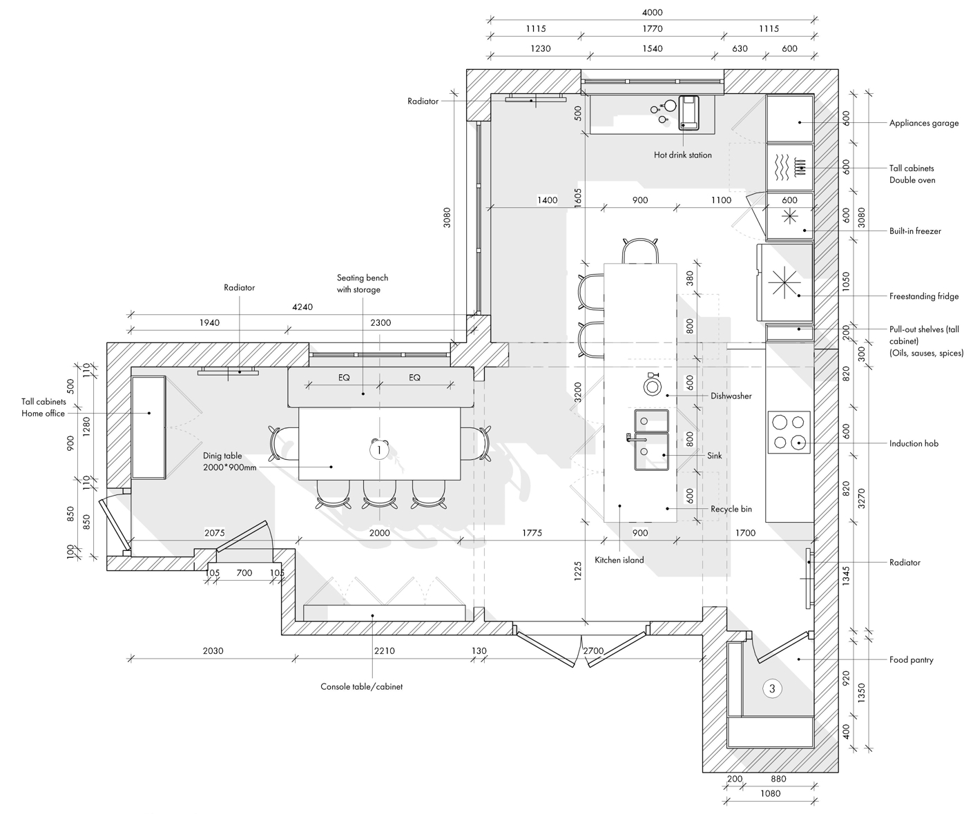Detailed furniture layout plan for an open-plan kitchen-diner with island, dining area and home office — space planning service in Swadlincote