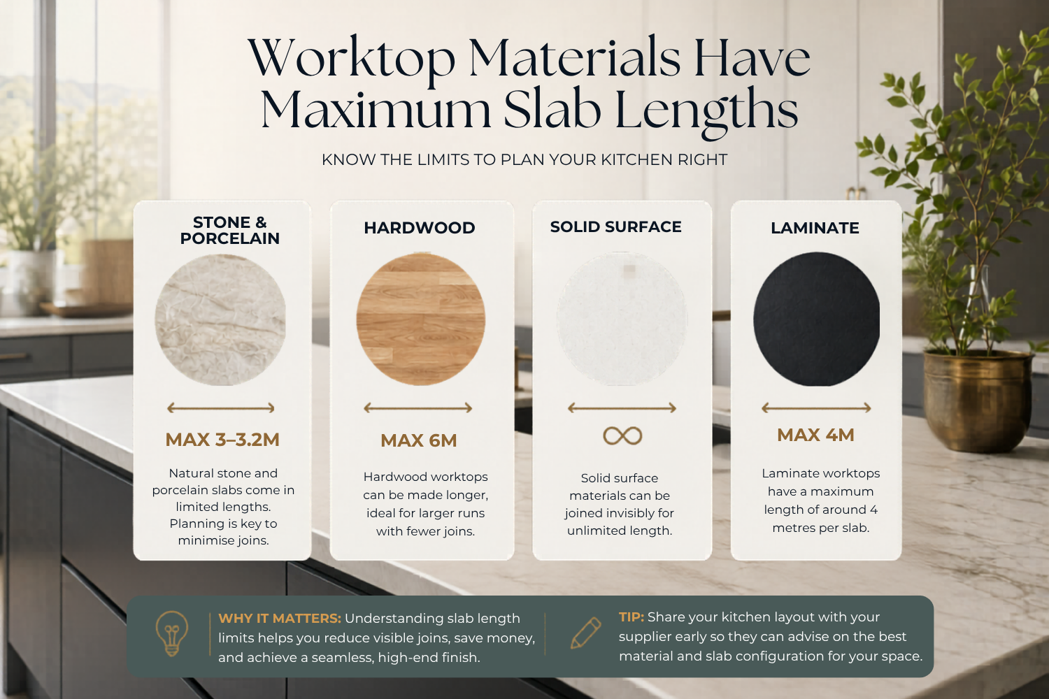 Infographic showing maximum slab lengths for kitchen worktop materials — stone and porcelain 3–3.2m, hardwood 6m, solid surface unlimited, laminate 4m