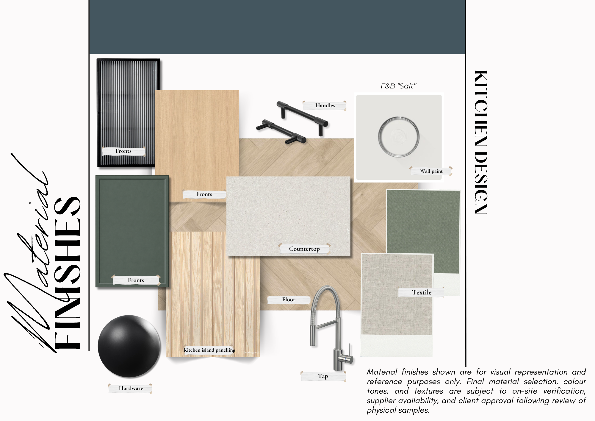 Kitchen material palette with sage green cabinetry, oak finishes, quartz worktop and textured materials for open plan kitchen design