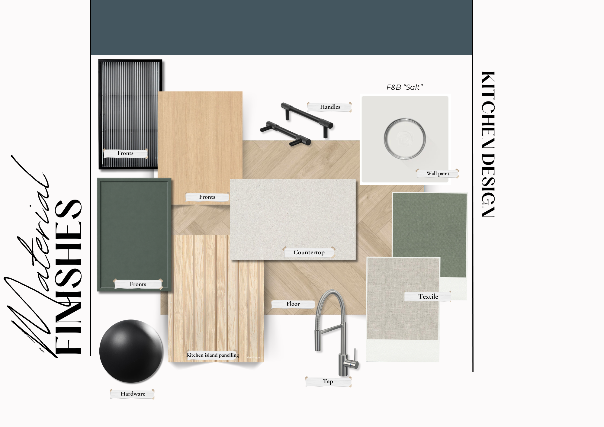 Kitchen material finishes board for an Ashby de la Zouch home — sage green cabinet fronts, oak herringbone floor, stone countertop and Farrow & Ball Salt wall paint, by Alekseeva Design