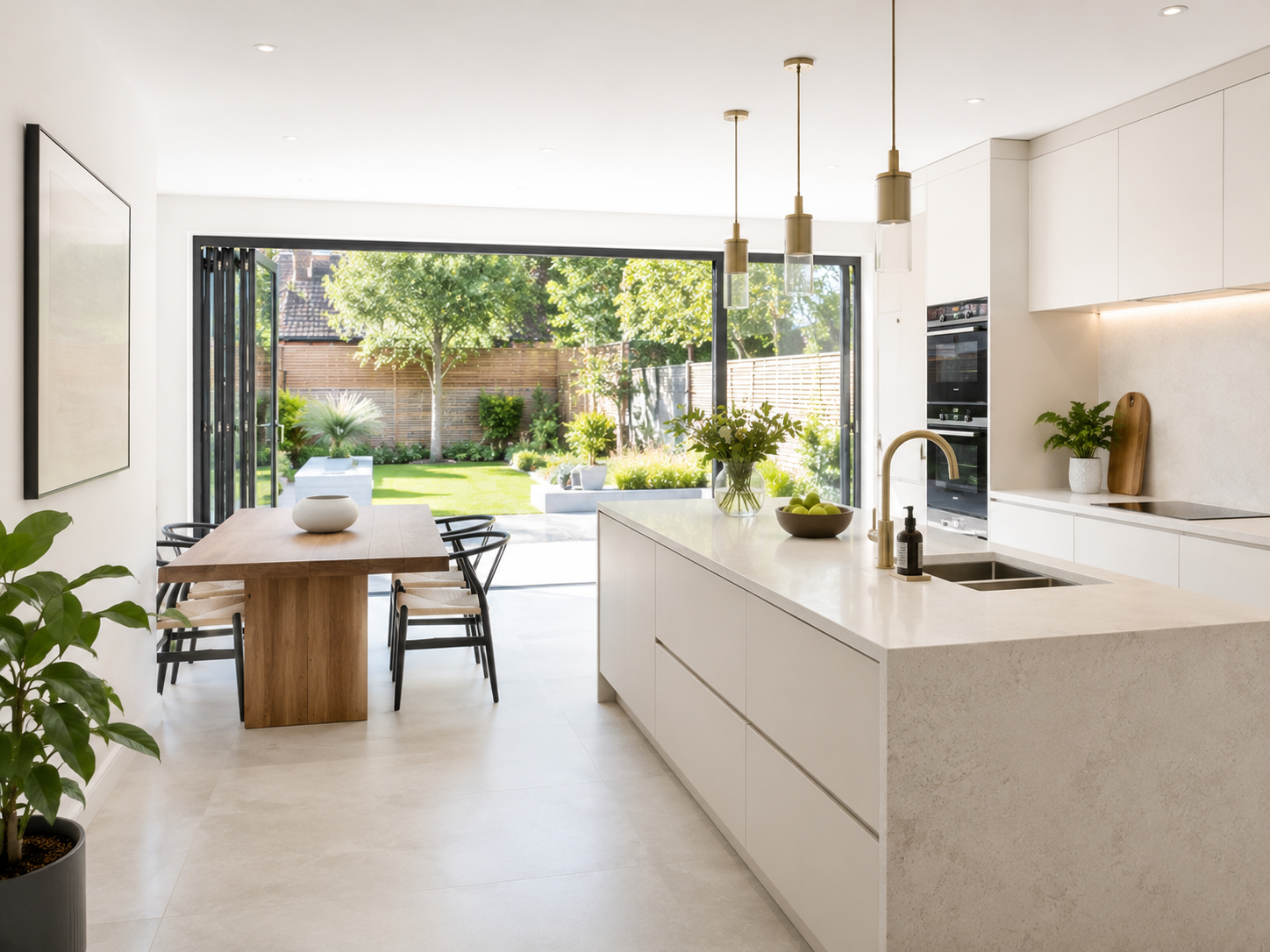 Open-plan kitchen-diner extension with white handleless cabinetry and bifold doors to garden — interior design in Burton-on-Trent