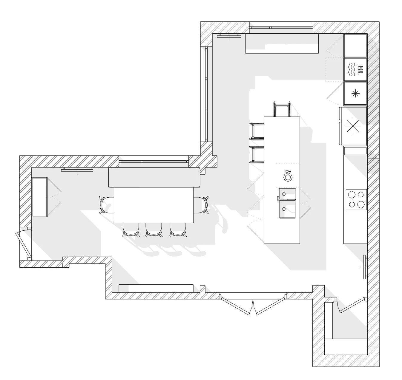 Proposed open plan kitchen dining layout with island and pantry in Birmingham home renovation