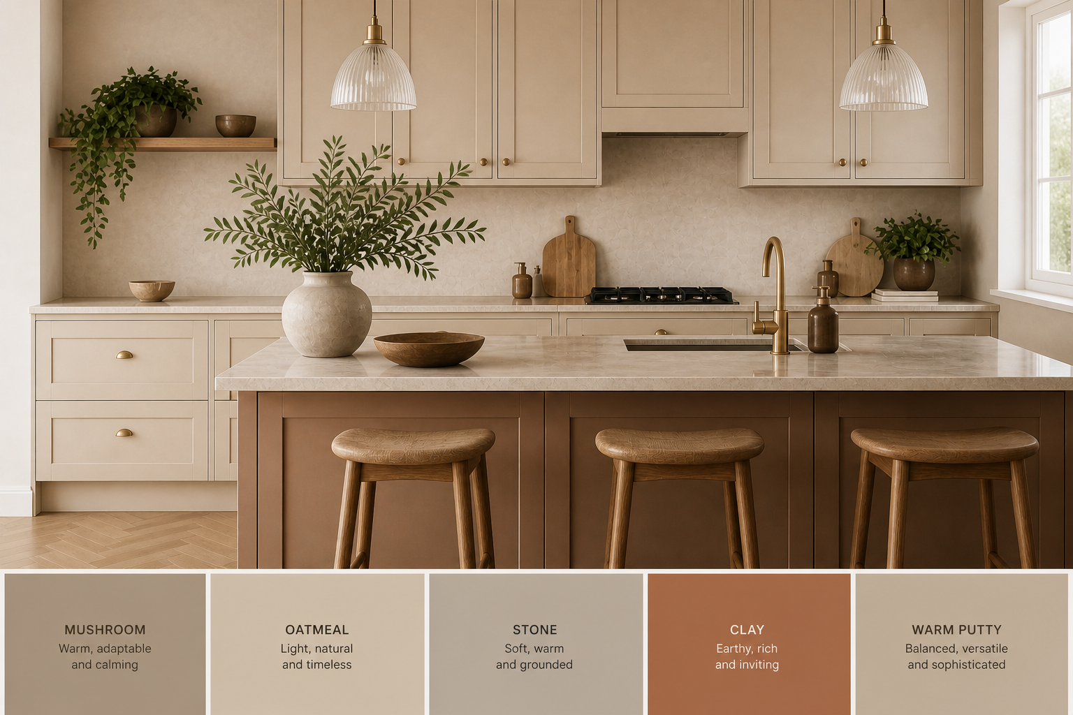 Warm neutral kitchen with oatmeal shaker cabinets, clay island, brass hardware and herringbone oak floor showing mushroom, oatmeal, stone, clay and warm putty colour palette