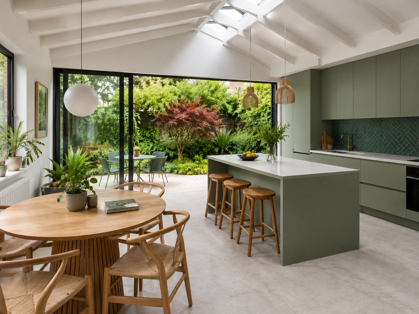 Open-plan kitchen-diner extension with sage green cabinetry and bifold doors to garden — kitchen design and space planning in Swadlincote