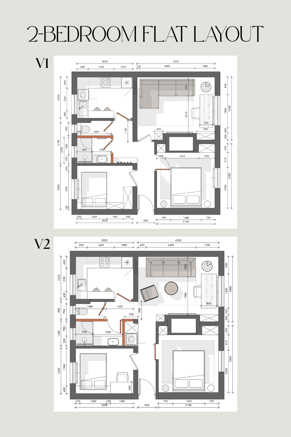 "2-bedroom flat layout floor plan showing two space planning options (V1 and V2) for kitchen, living, and bedroom zoning