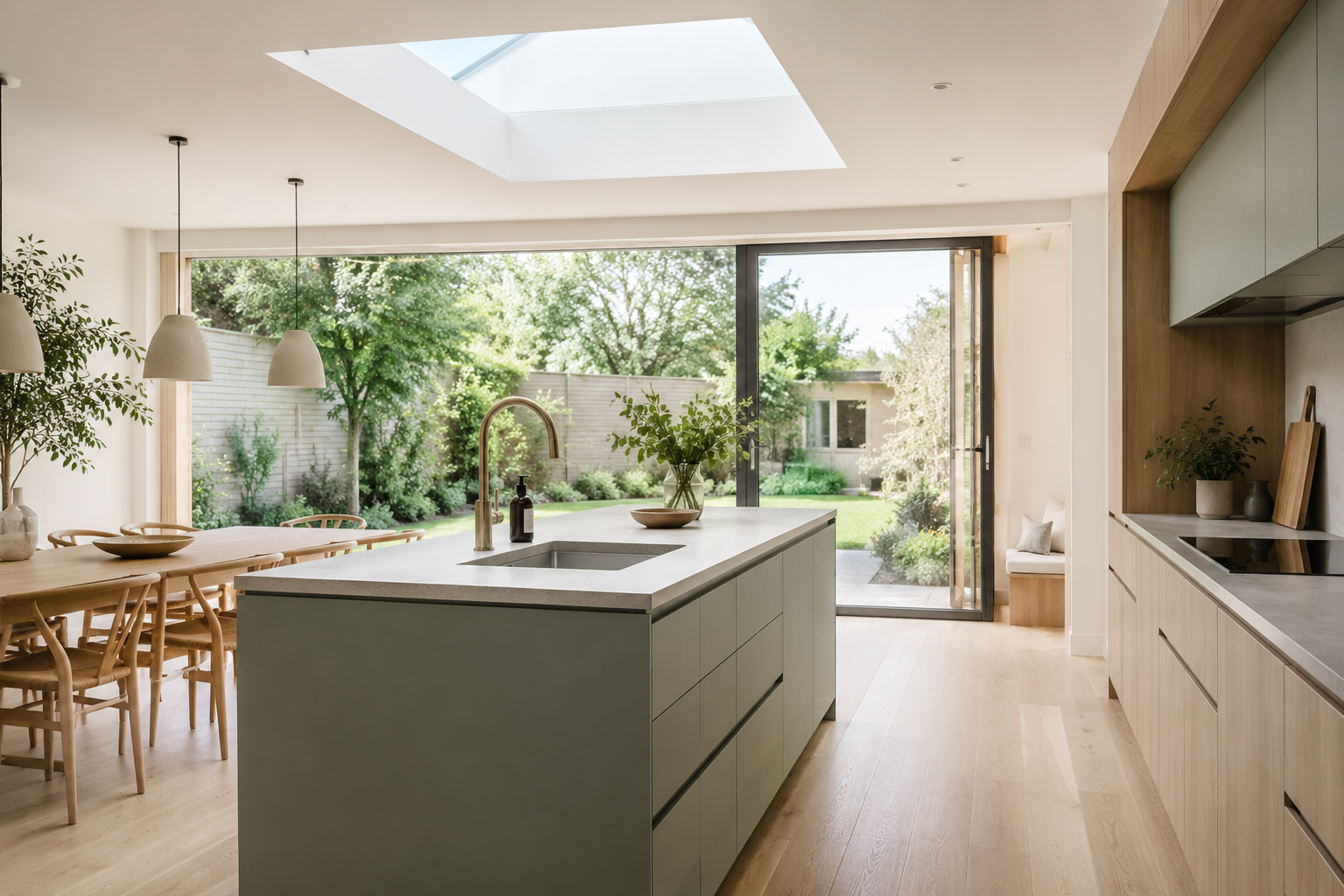 Kitchen extension ideas: open-plan design with sage green island, roof skylight, and sliding doors onto the garden