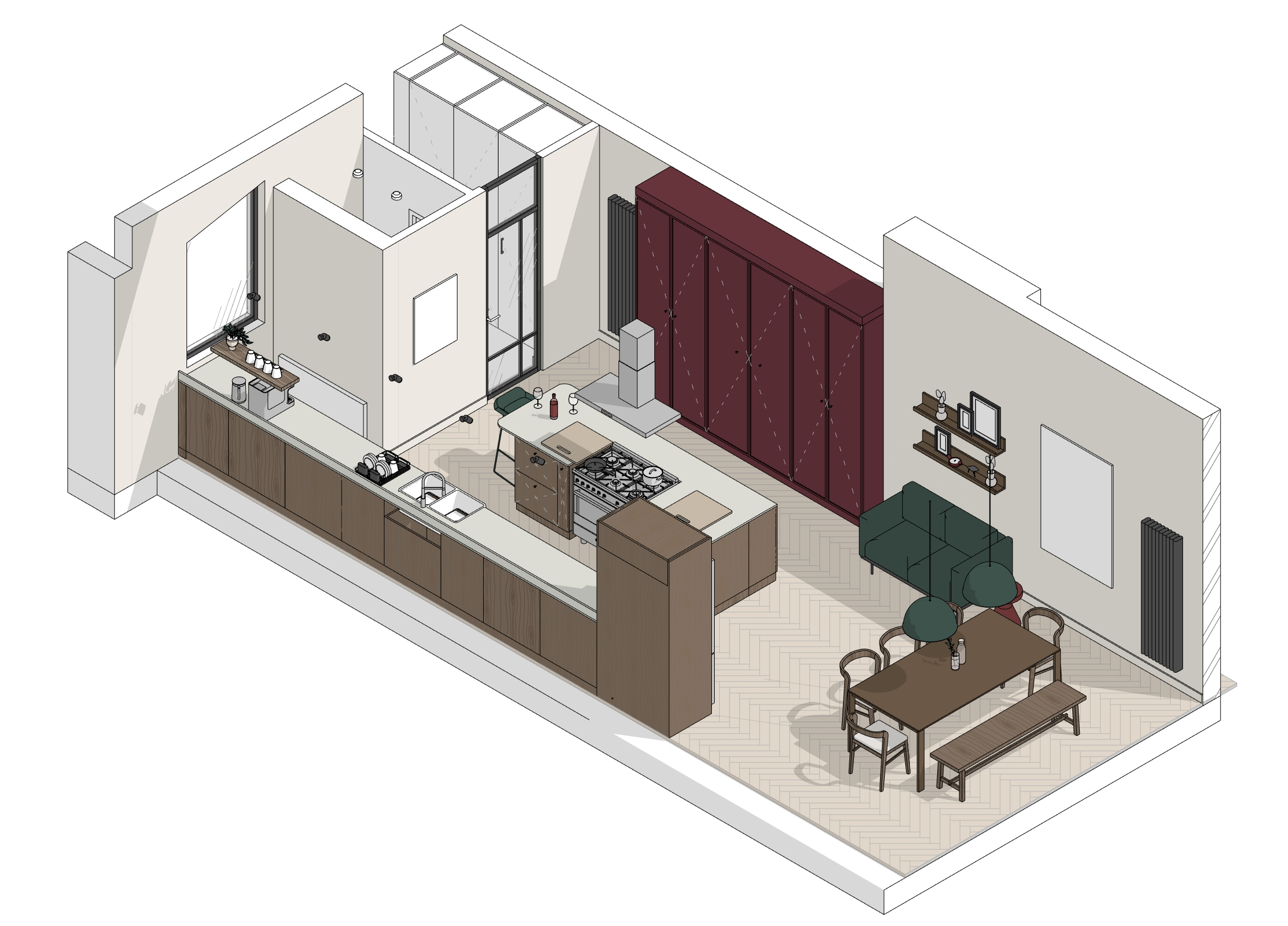 3D view of a Birmingham open-plan kitchen showing the deep morello cherry larder wall, dark oak kitchen run with double sink, central island with gas range, and green sofa and dining zone