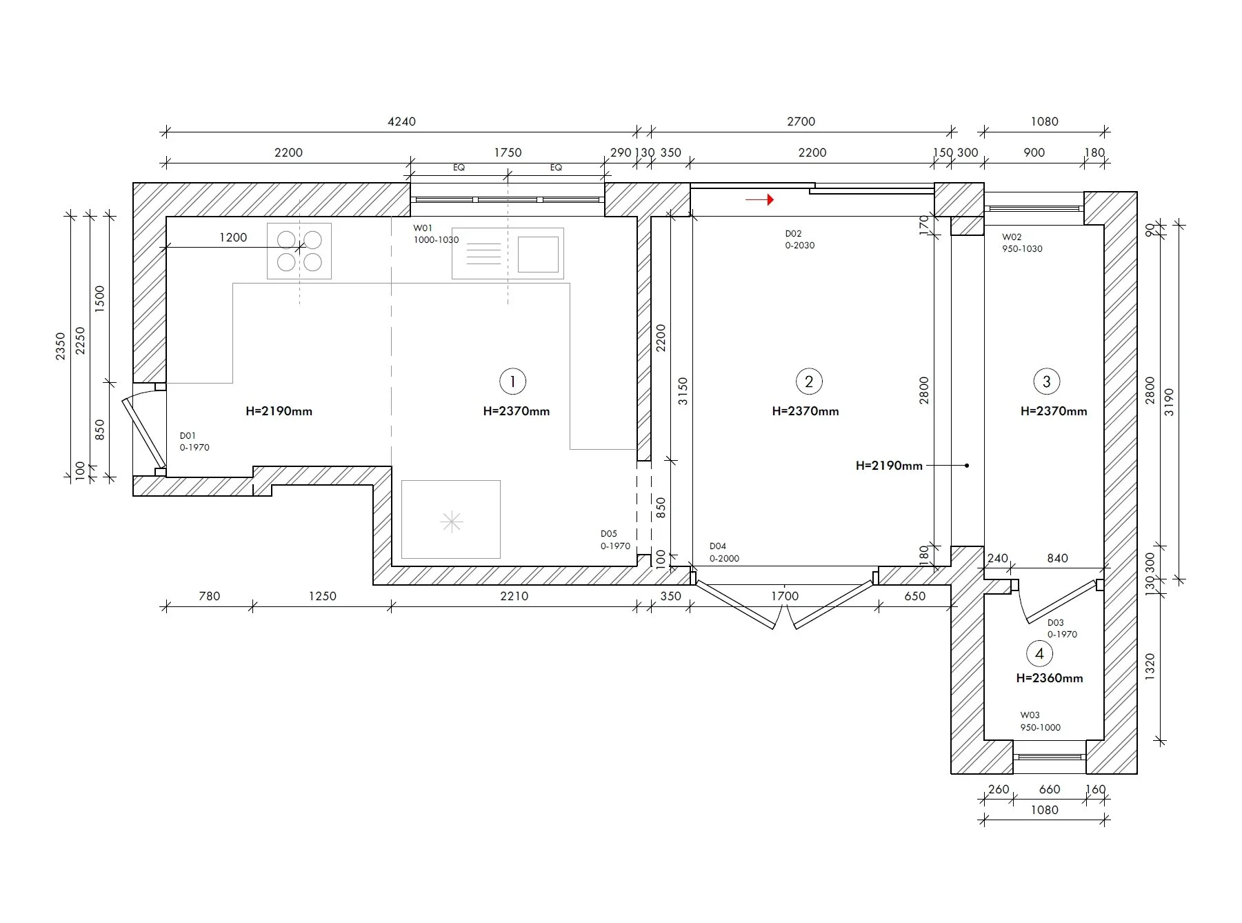 Existing kitchen and dining floor plan before open plan layout redesign in Birmingham