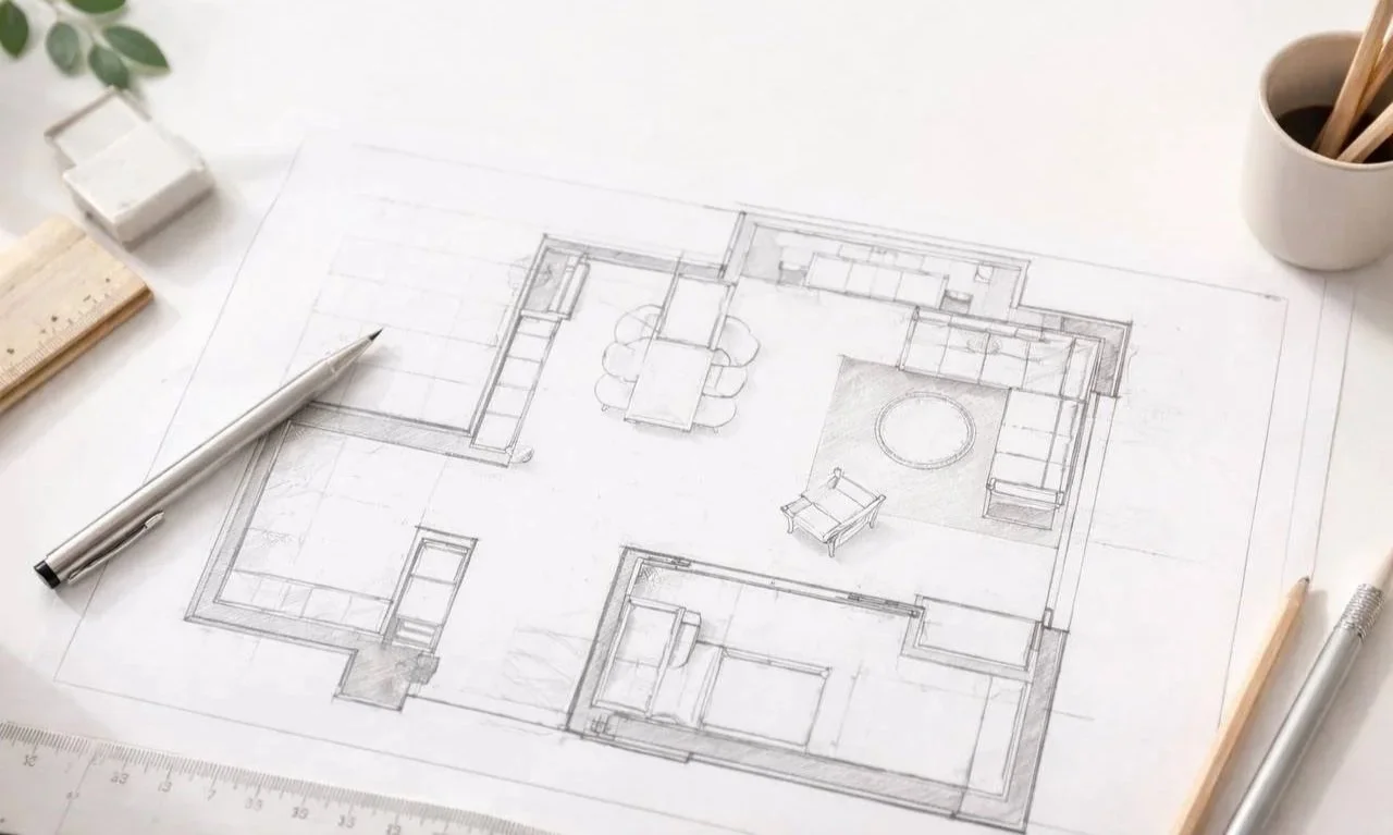 Concept floor plan sketch illustrating professional room layout audit and space planning service for improving flow and functionality in a UK home.
