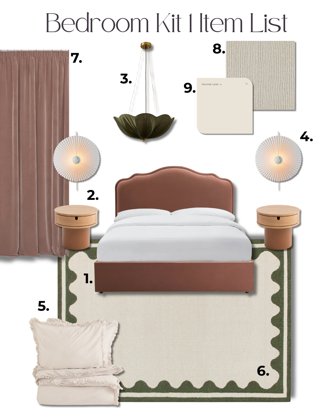 Bedroom design mood board and shopping list kit 1 by Alekseeva Design in dusty rose and olive green, featuring numbered items including mauve bed, wood bedside tables, green pendant light, scallop rug, velvet curtains and textured wallpaper