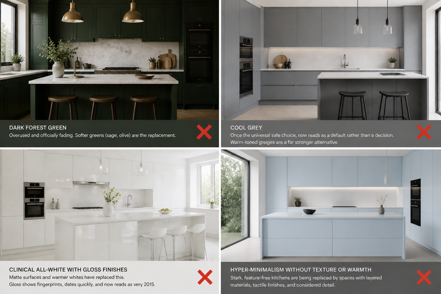 Four kitchen colour styles fading in 2026: dark forest green cabinets, cool grey handleless kitchen, clinical all-white gloss kitchen, and pale blue hyper-minimalist kitchen — all being replaced by warmer, more textured alternatives