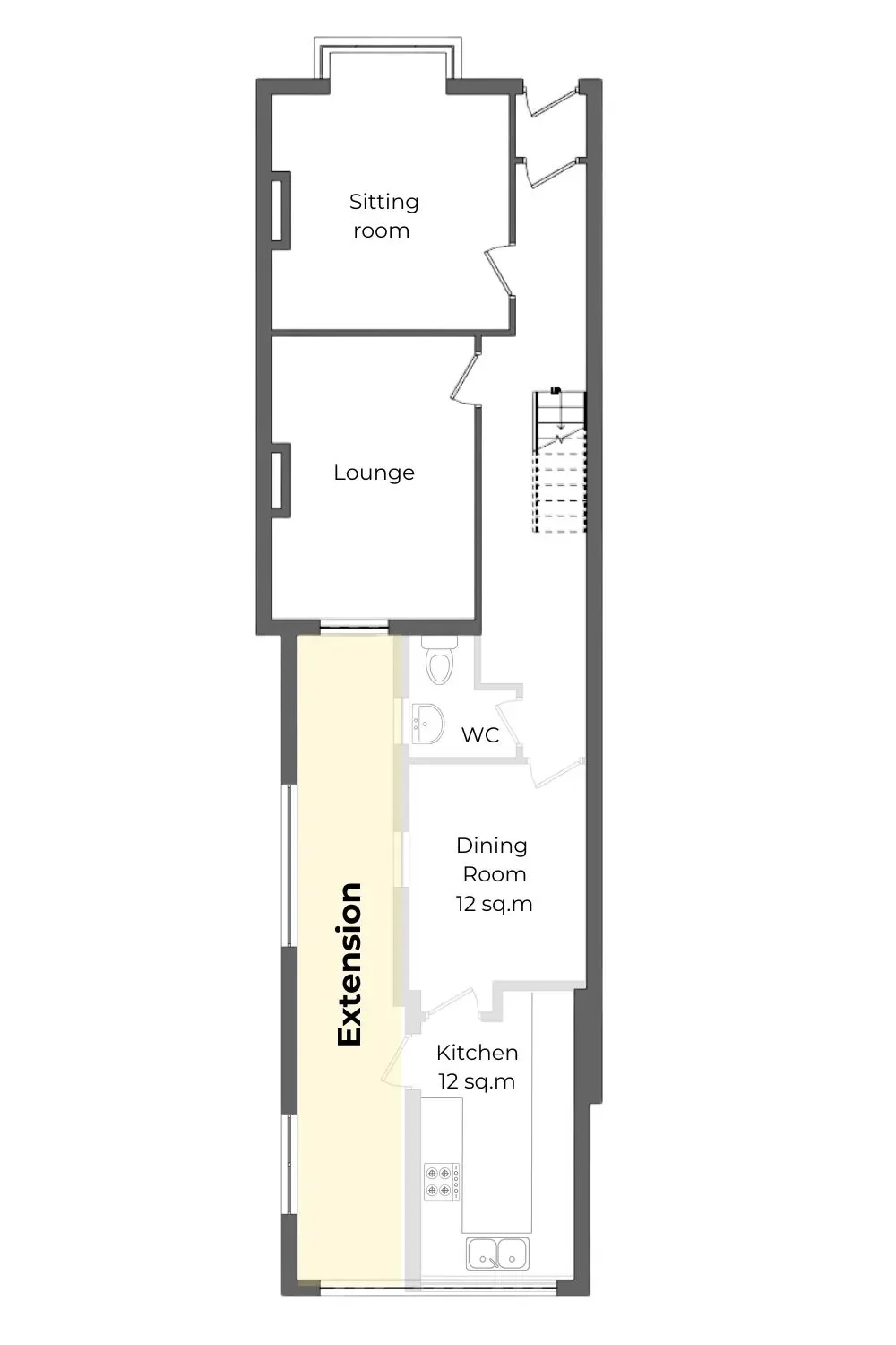 Semi-detached house floor plan showing the new side-return extension added alongside the existing kitchen and dining room to create an open-plan kitchen extension in Birmingham