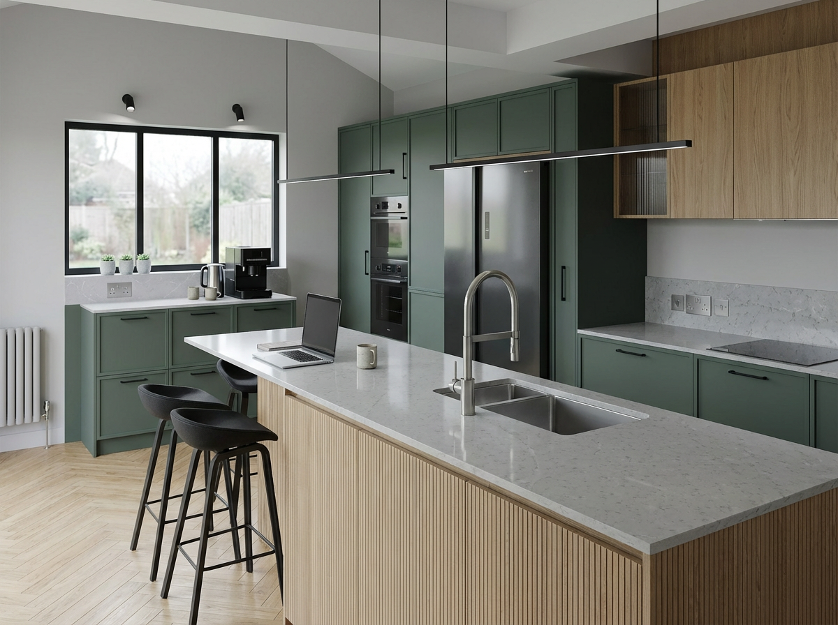 Modern open-plan kitchen extension with island and bespoke cabinetry in Derbyshire