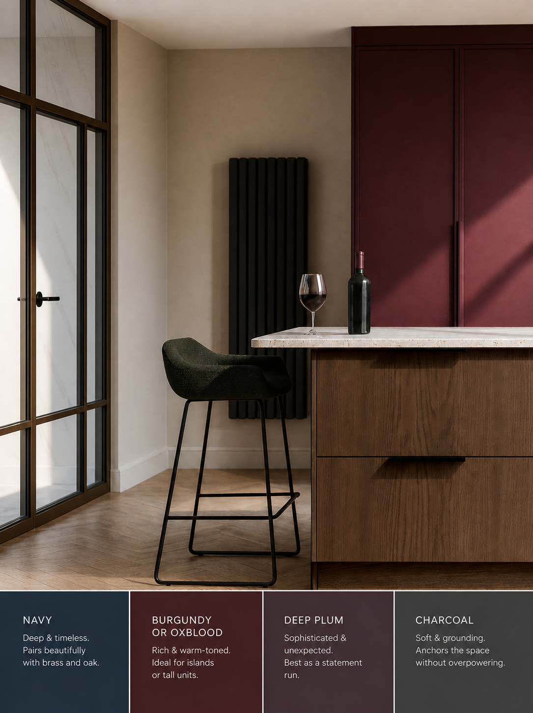 Moody kitchen with burgundy tall cabinets, walnut island, herringbone oak floor and terrazzo worktop showing deep colour palette of navy, burgundy, oxblood, deep plum and charcoal