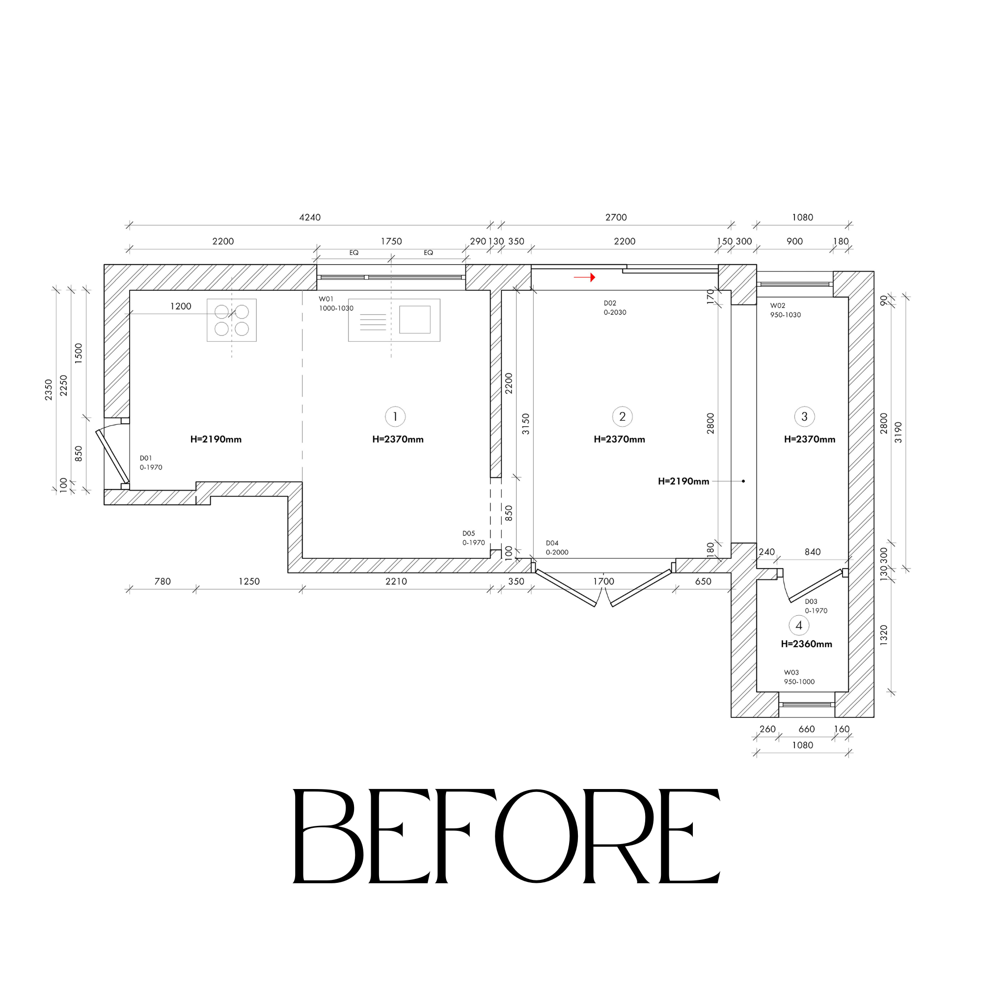 Open plan kitchens in Solihull before redesign showing original floor plan layout prior to space planning and kitchen transformation