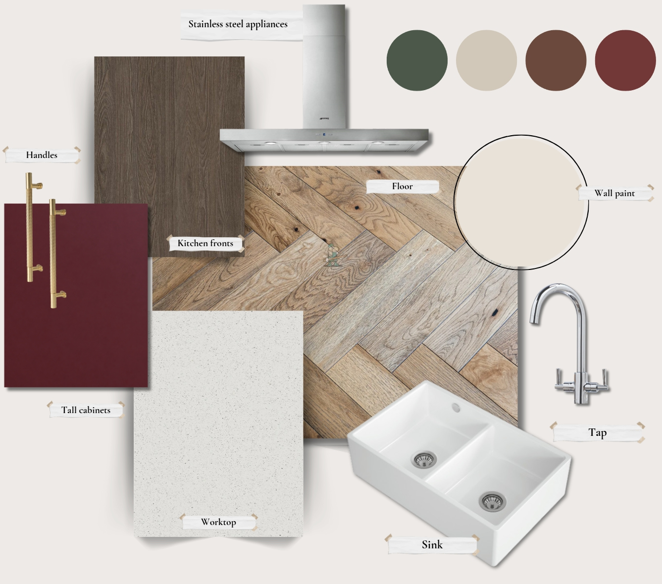 Kitchen material board and colour palette featuring morello cherry cabinet fronts, dark oak tall cabinets, light herringbone oak flooring, neutral quartz worktop and forest green accent for a Birmingham kitchen design