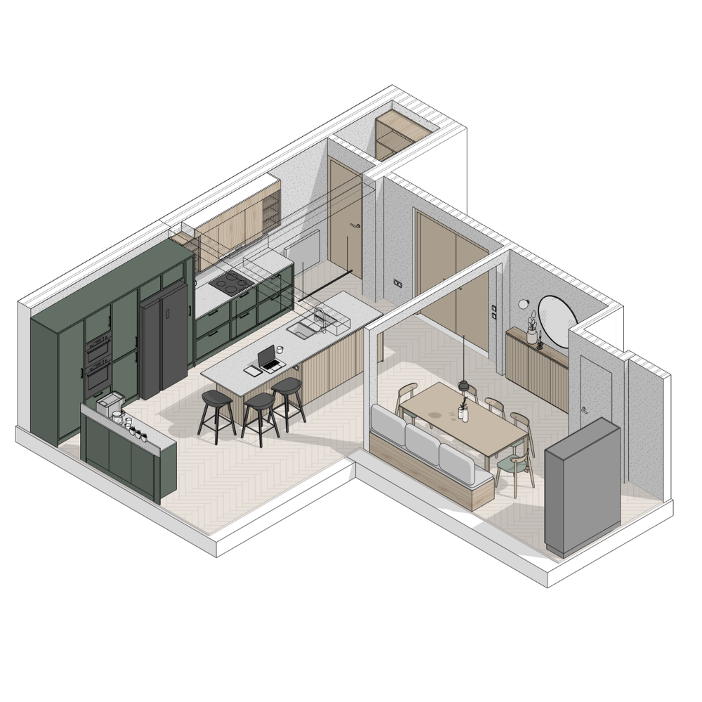 3D space planning drawing of an open-plan kitchen-diner layout with central island — interior design service in Burton-on-Trent
