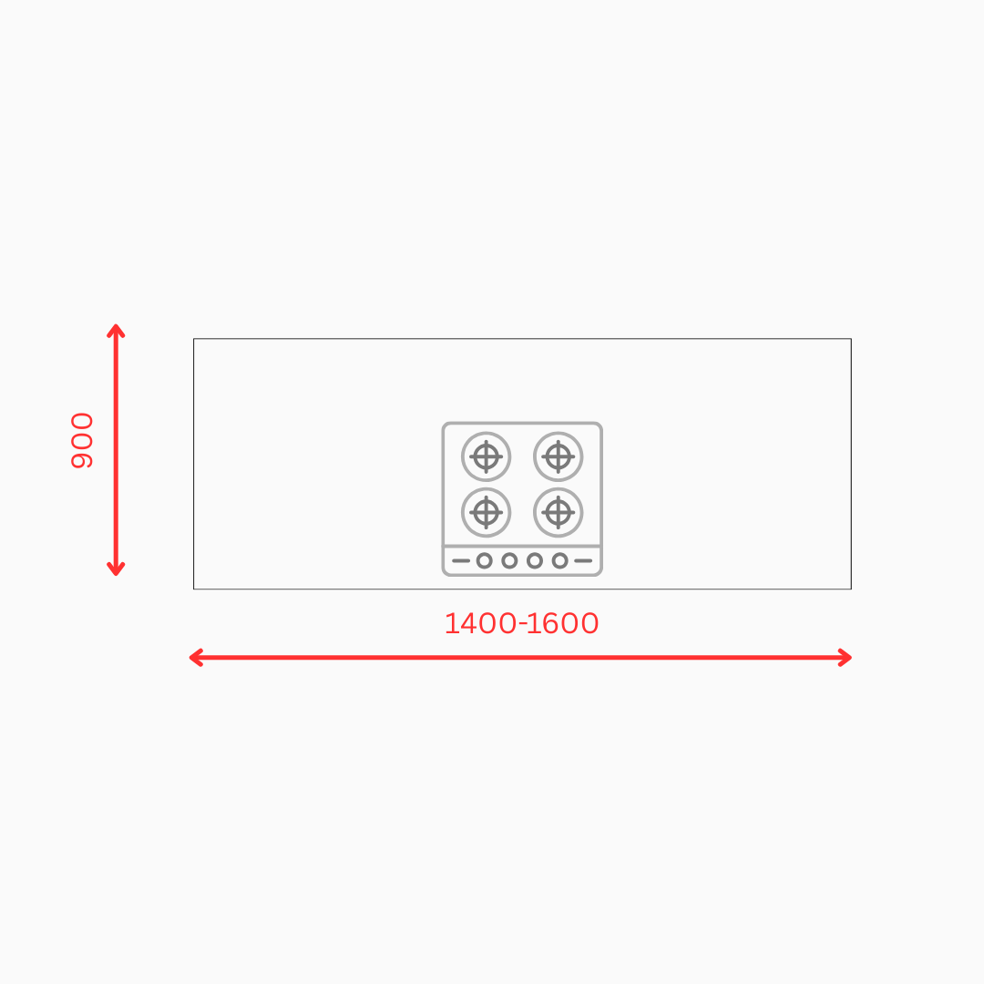 Minimum kitchen island size diagram showing recommended dimensions of 900 mm depth and 1400–1600 mm length.