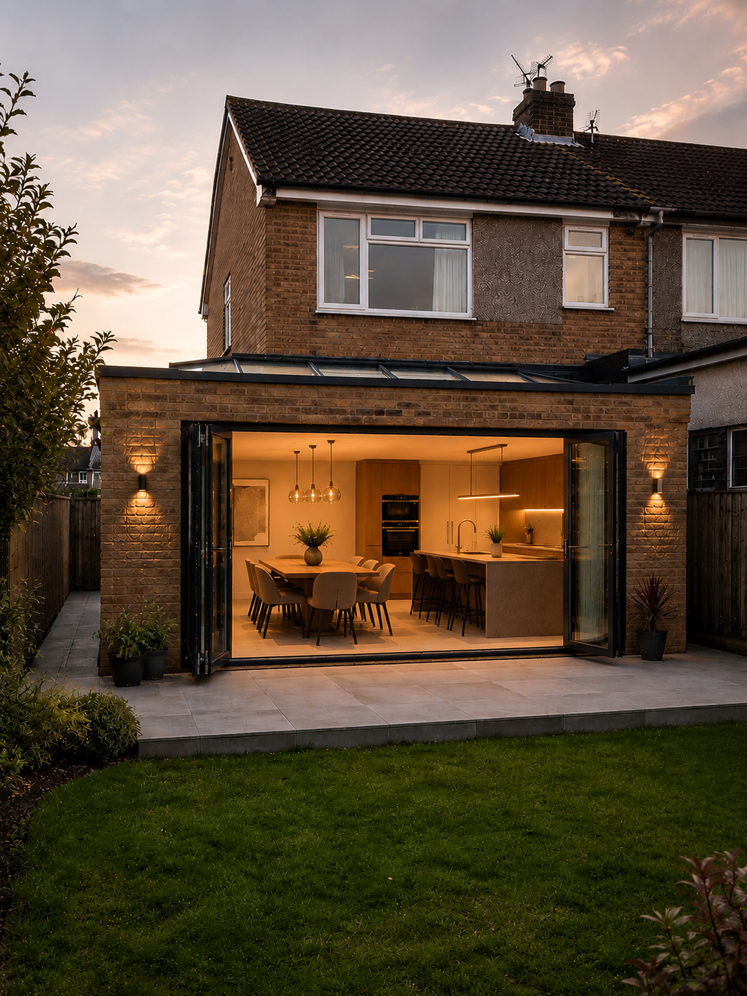 Rear single-storey extension on a semi-detached home in Tamworth, with bifold doors open to reveal a warm, lit kitchen-diner at dusk