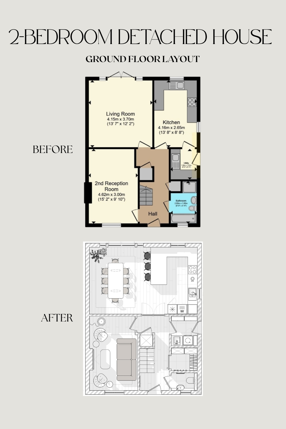 Before and after ground floor plan of a 2-bedroom detached house, reconfigured from separate living room, second reception room, and kitchen into one open-plan layout