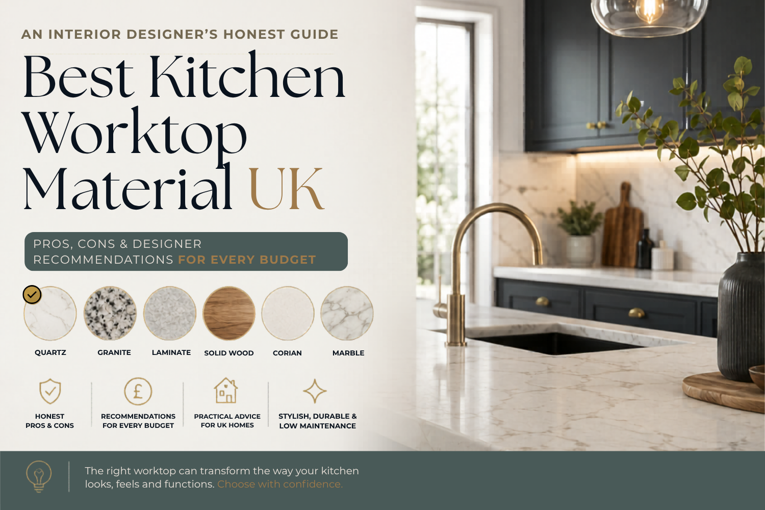 Interior designer's guide to the best kitchen worktop material UK — navy kitchen with quartz worktop, undermount sink and brass tap