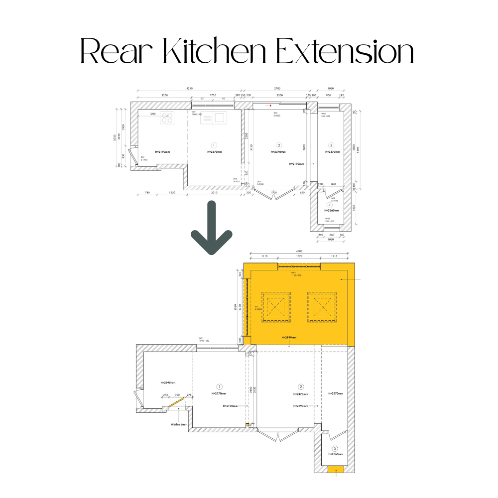 Kitchen extension ideas: rear extension floor plan showing before and after layout with enlarged open-plan kitchen