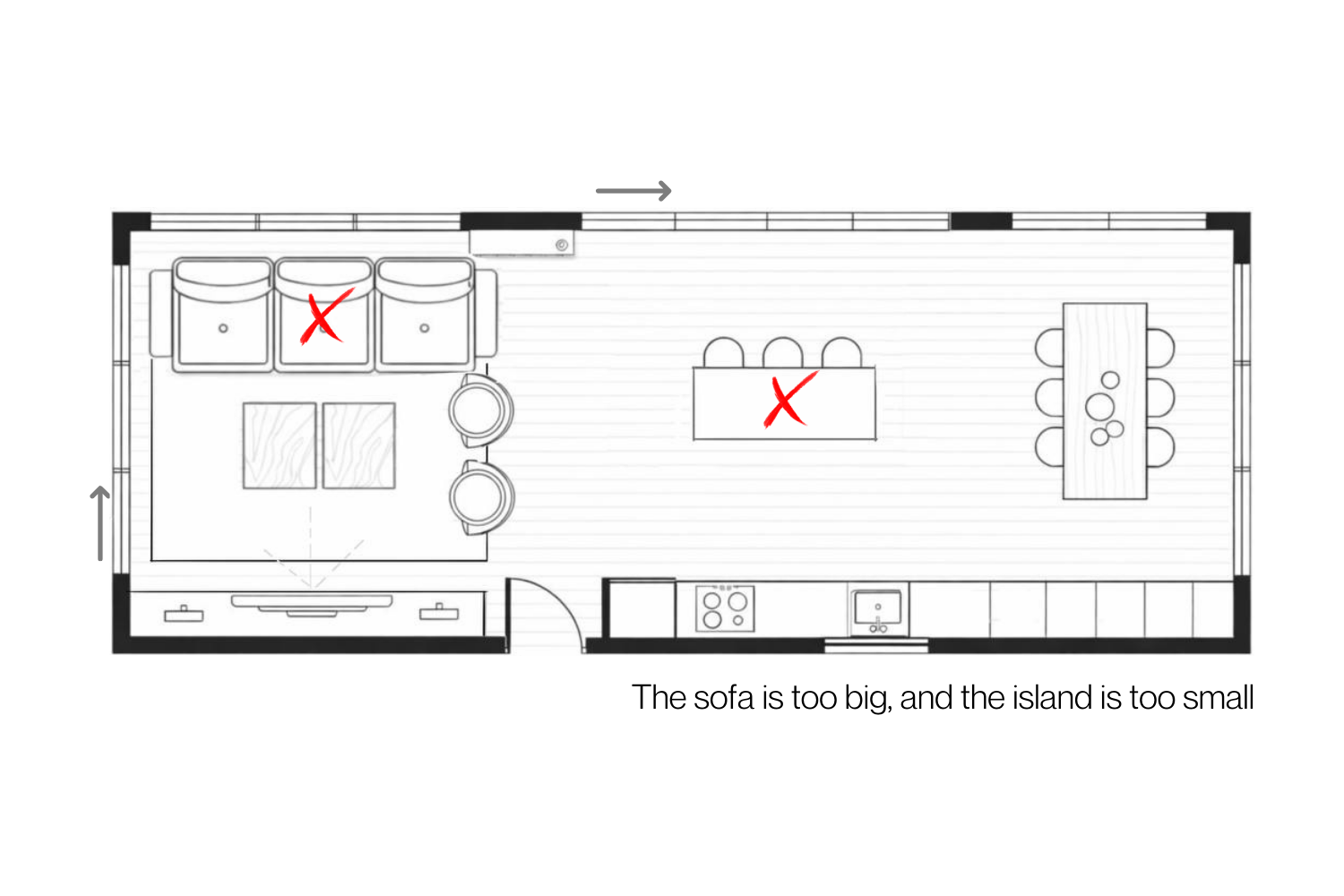 Open-plan layout diagram showing incorrect furniture proportions with oversized sofa and undersized kitchen island.