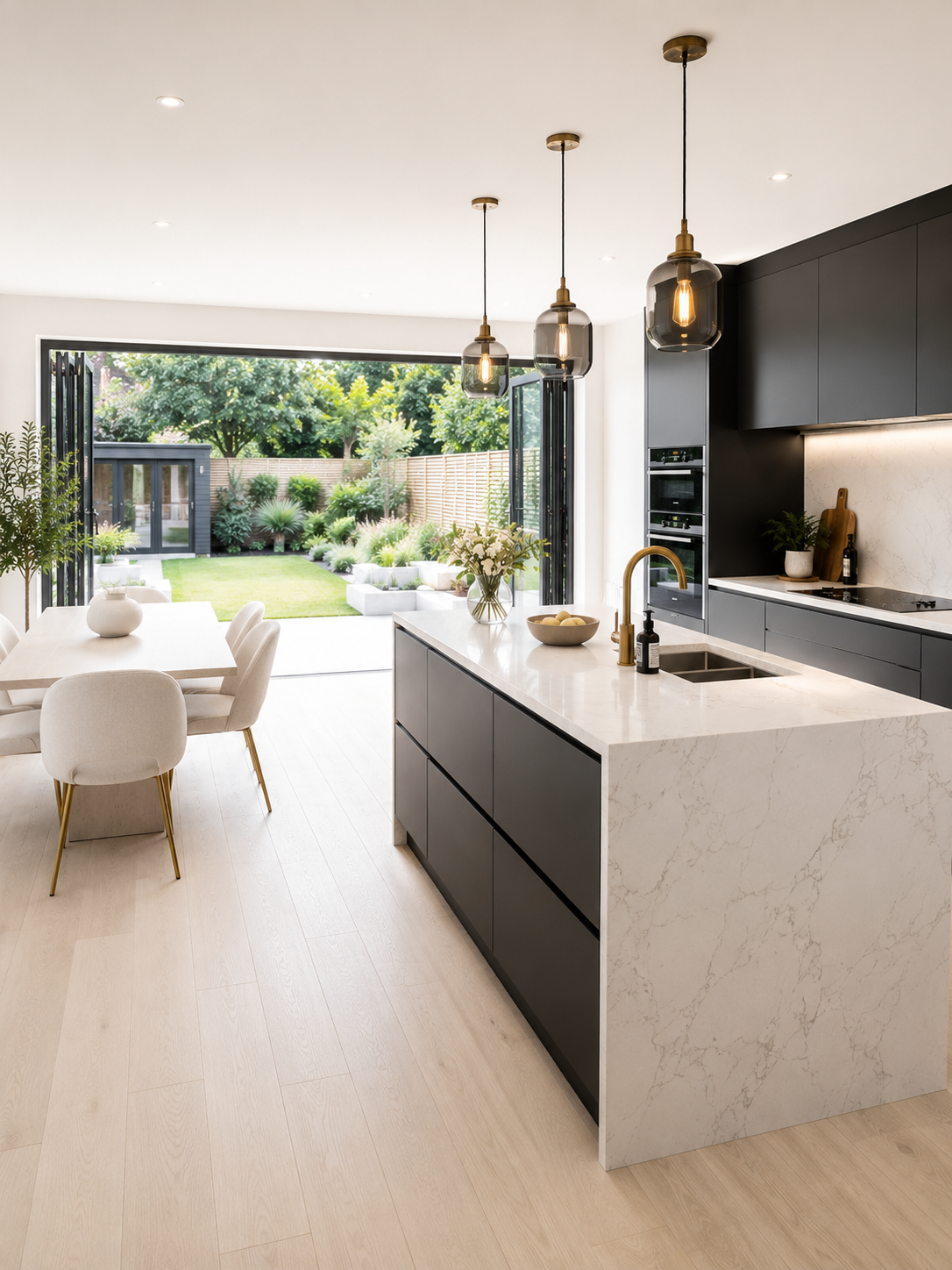 Contemporary open-plan kitchen with dark cabinetry and marble island — kitchen design and space planning in Burton-on-Trent