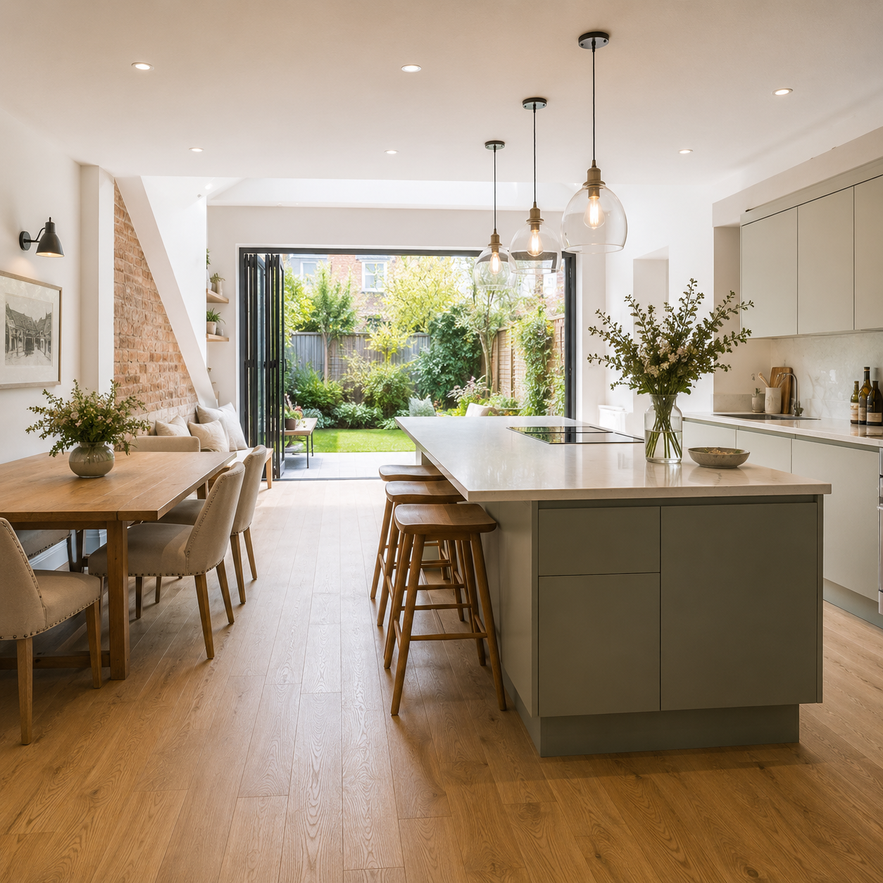 Open-plan kitchen and dining space designed by residential interior designer serving Lichfield, featuring sage green island, oak flooring and bifold doors to garden