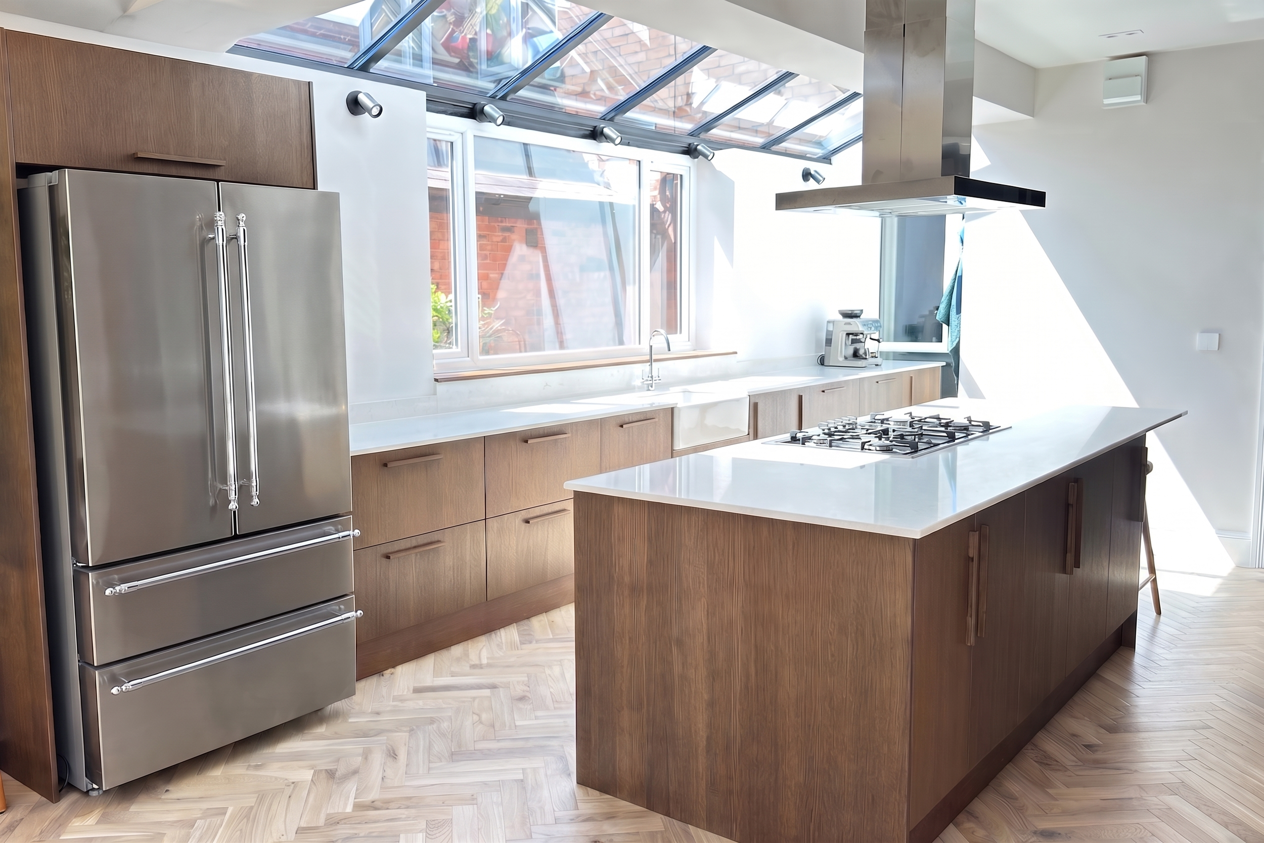 Dark oak kitchen run with centred double-bowl sink, island and stainless fridge-freezer in a Birmingham kitchen