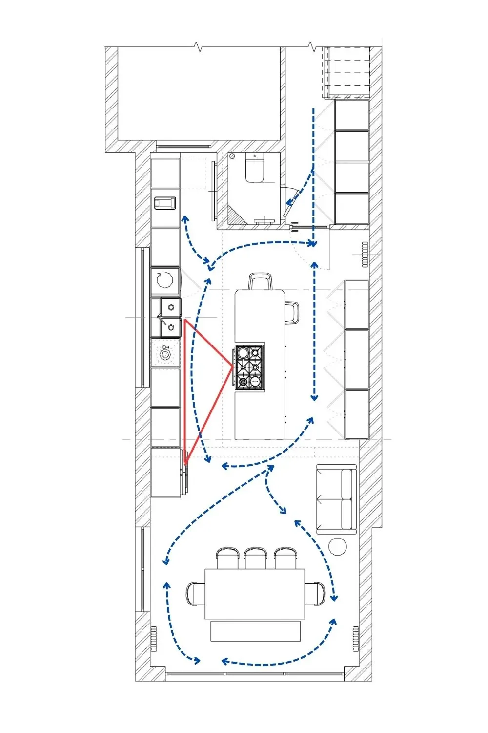 Circulation and traffic-flow diagram of an open-plan kitchen-diner in Birmingham, showing movement routes through the zones and the working triangle between sink, range cooker and fridge