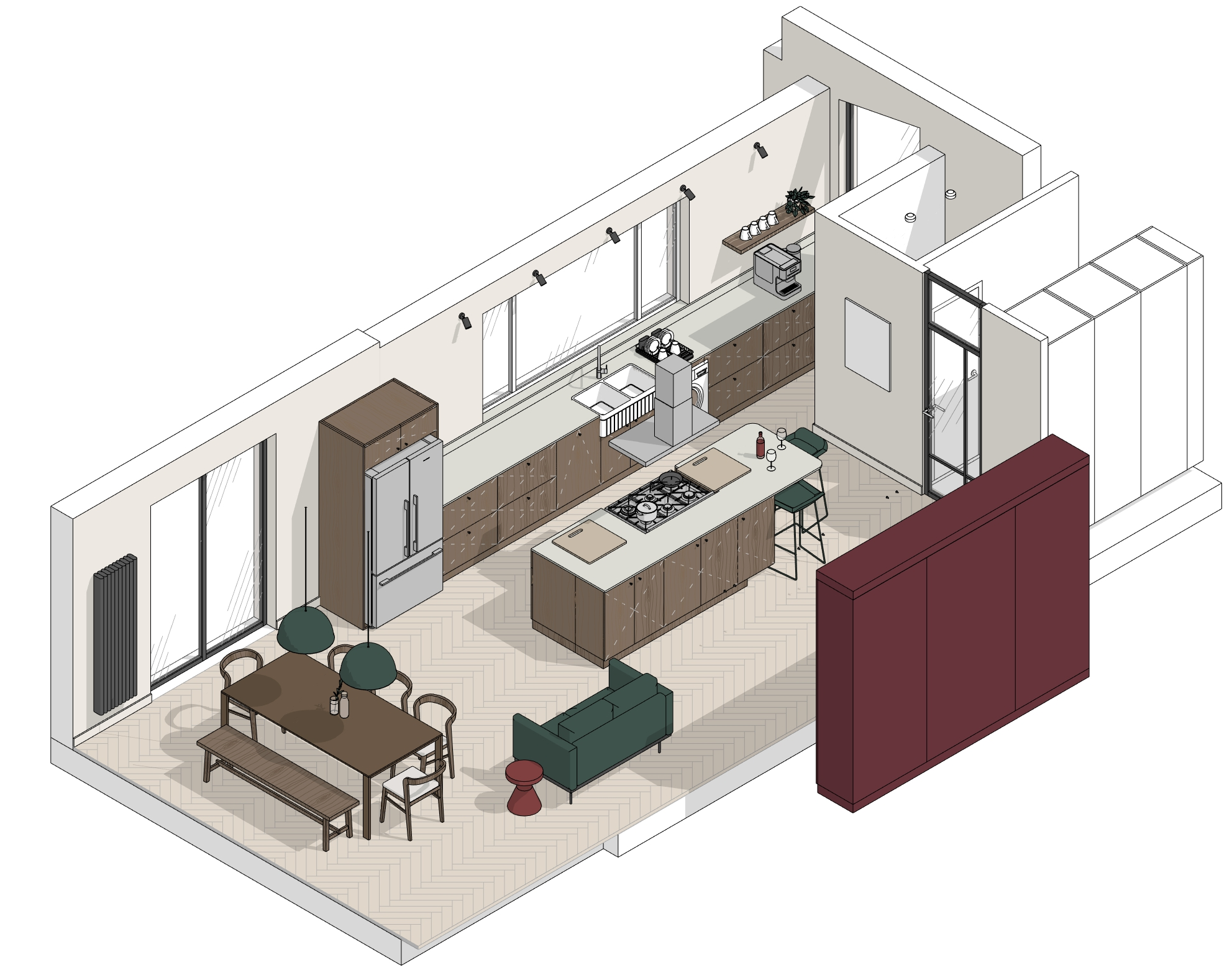 3D layout view of a 40 sq.m open-plan kitchen-diner in Birmingham showing the dining table and bench, green velvet sofa, central island with gas range and T-shaped hood, and the dark oak kitchen run