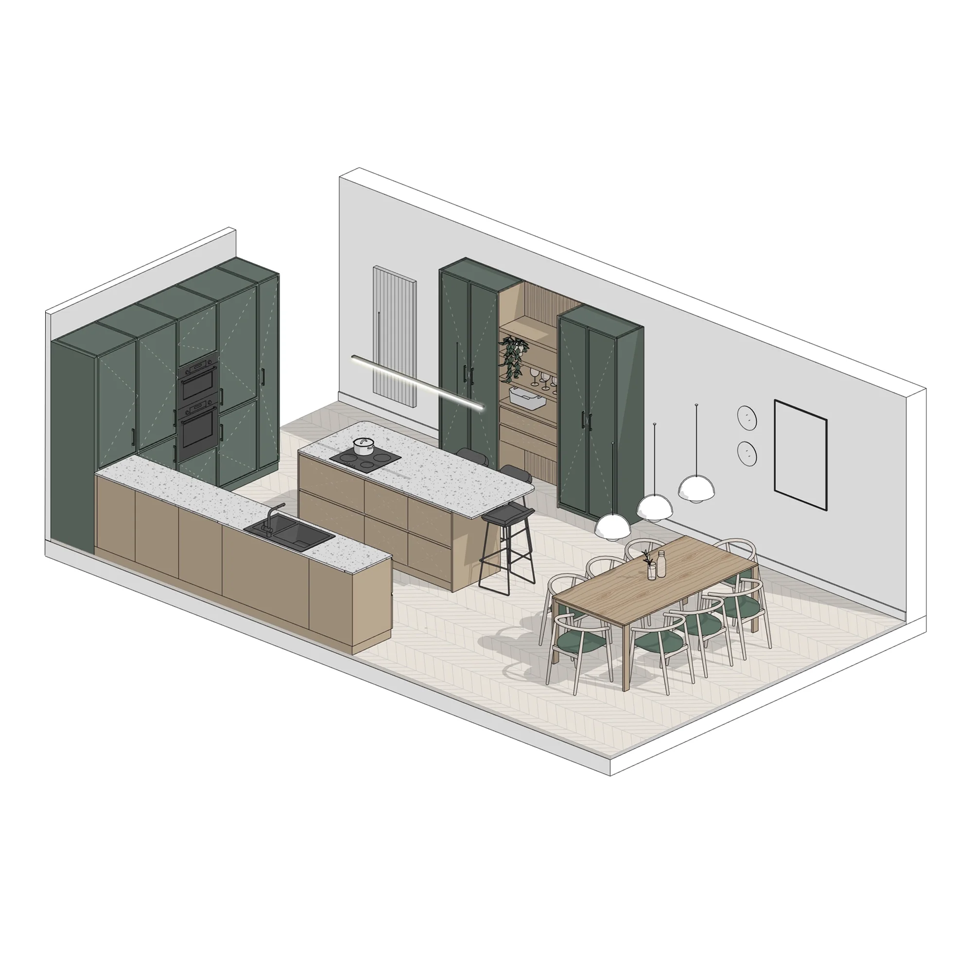 Open plan kitchen design in Solihull showing layout with island, dining area and integrated storage in a modern open-plan space