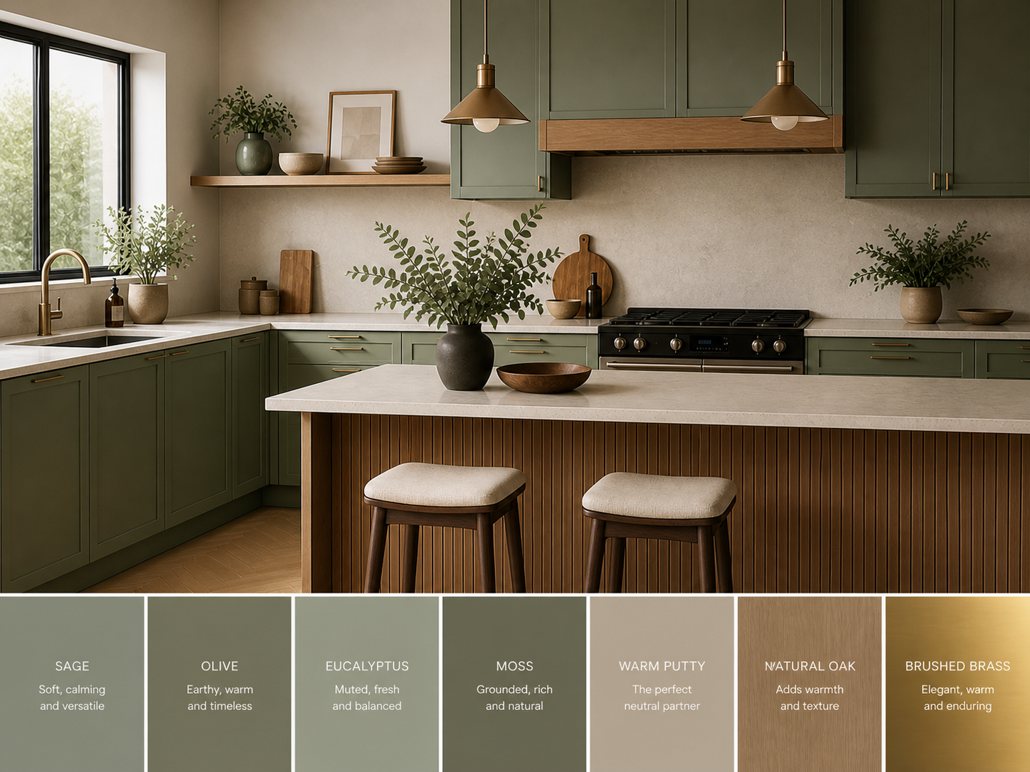 Sage green shaker kitchen with fluted walnut island, brass pendant lights and stone worktop showing earthy green colour palette of sage, olive, eucalyptus, moss with warm putty, natural oak and brushed brass