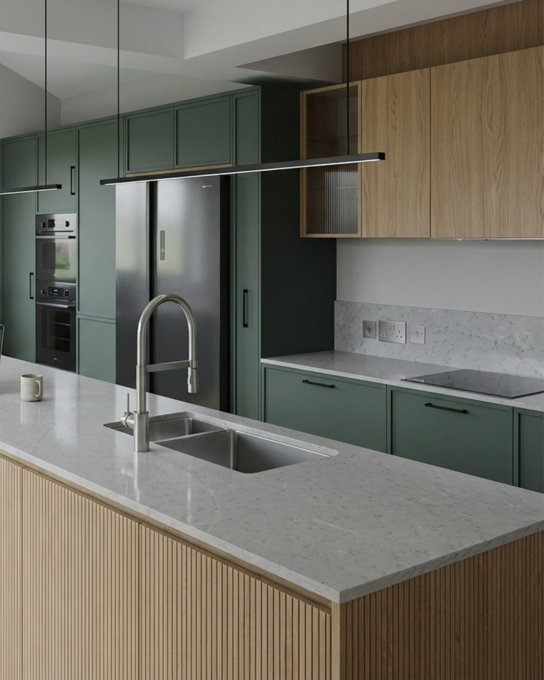 Contemporary kitchen design project by Alekseeva Design featuring dark green cabinetry, oak accents and quartz island — residential interior design in Lichfield
