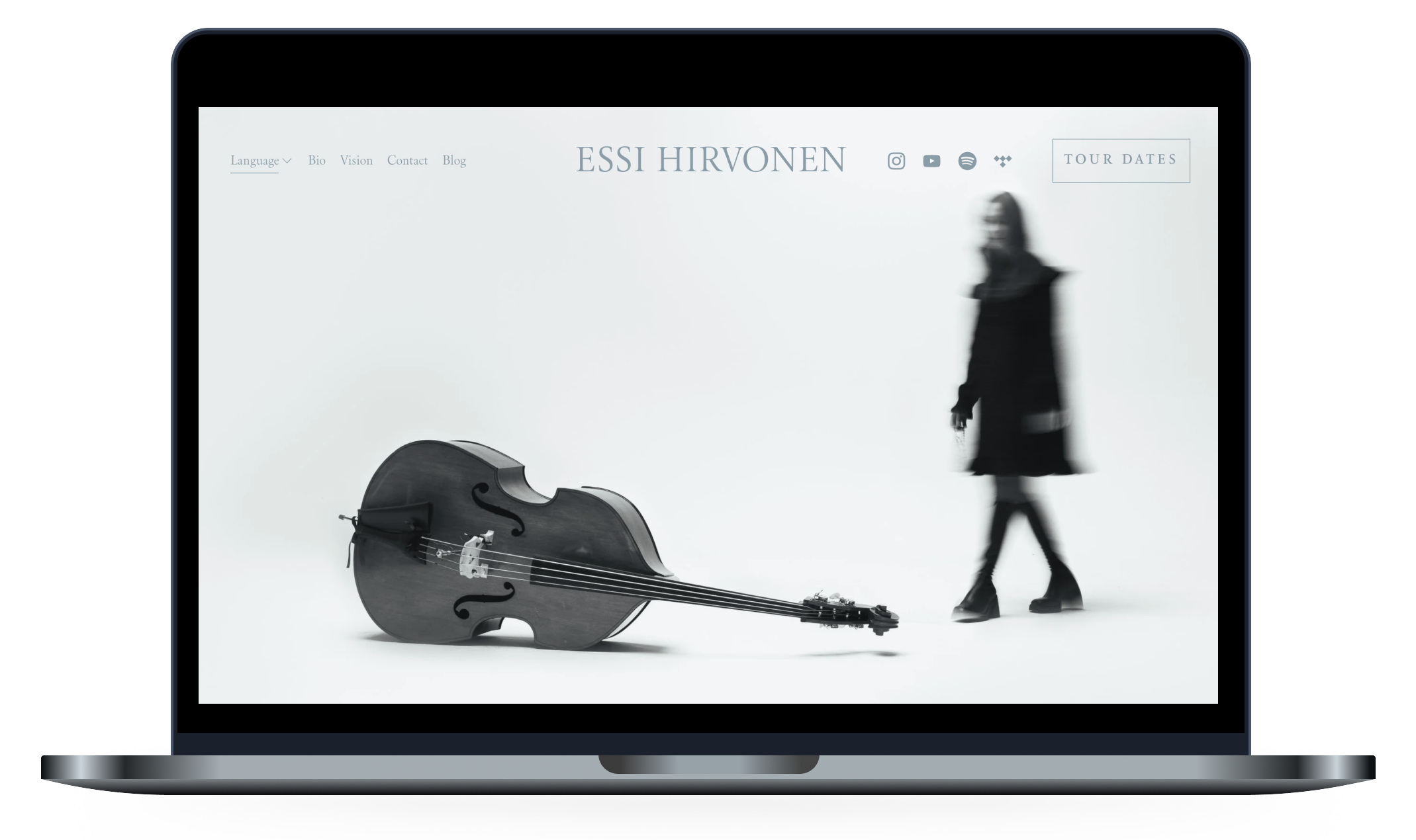 A website homepage displaying a minimalist music-themed design with the text 'ESSI HIRVONEN' at the top center, a black violin lying on the white background, and a blurred woman walking to the right in the background.