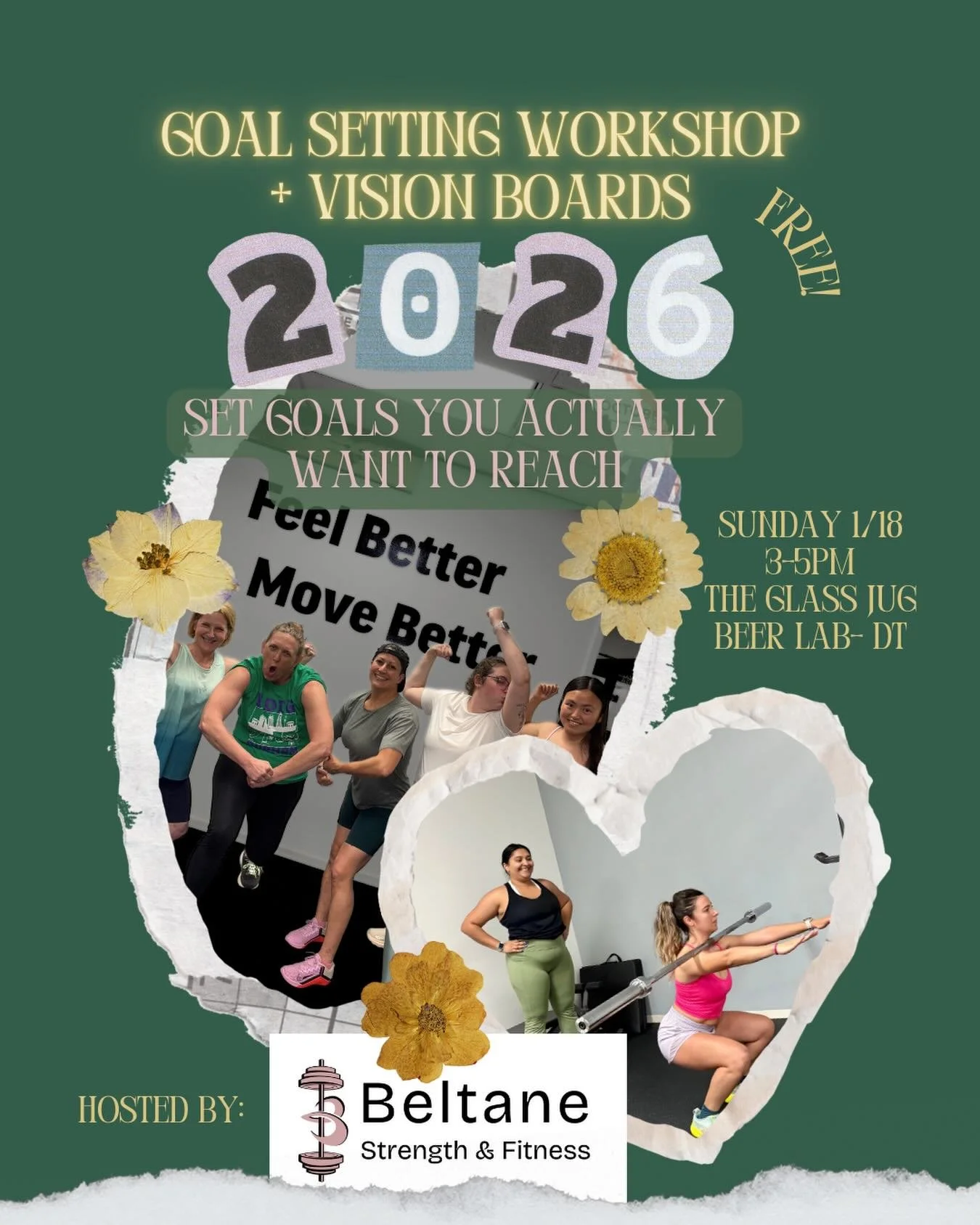 If your goal is to feel stronger in your body, join us for a goal setting workshop+ visions board/collage evening on Sunday 1/18 3-5pm at @glassjug_downtown 

We will talk goals in general and specifically strength training goals.

*Posters and some 