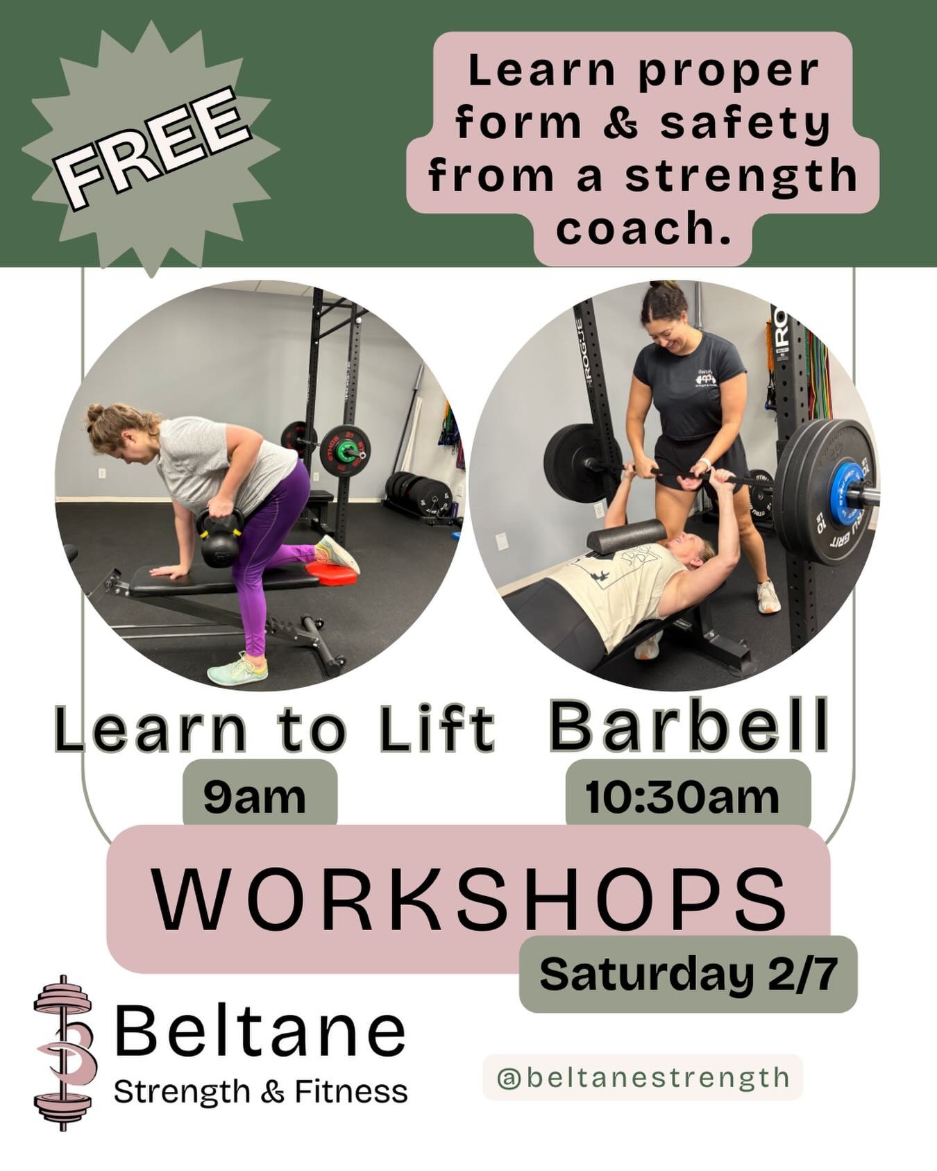 Ready to feel stronger in your body but not sure where to start?

We have two free workshops coming up in February!

💪Learn to Lift 2/7 9am: Join us to learn form and the basics- squat, deadlift, push and pull pain-free

💪Intro to Barbell 2/7 10:30