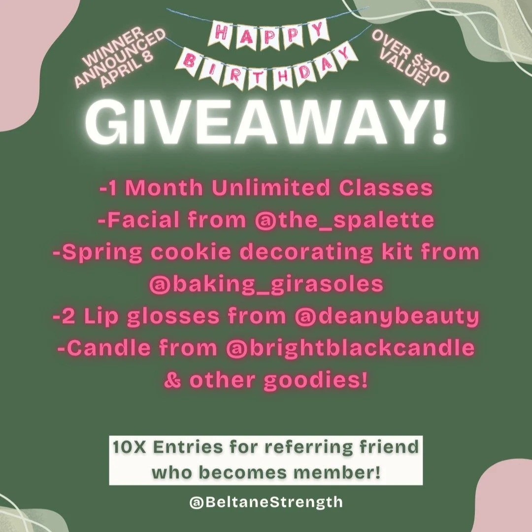 Help us celebrate 1 year of Beltane Strength &amp; Fitness and 30 years of Erinn!

🎉How to enter:
-Like this post
-Follow @beltanestrength
-Tag 1-3 people you want to lift with
-Repost this

🔥Want 10 bonus entries?
Refer a friend who becomes a BSF 