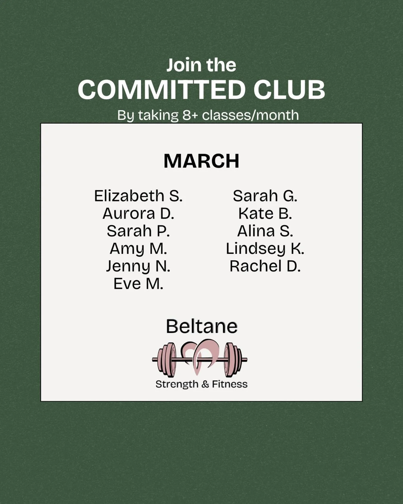 Give a round of applause for these lovely humans who showed up for themselves at least 8 training sessions in March! Way to go!

Why 8 sessions?

💪🏻The ACSM guideline for strength training sets the goal of at least 2 days/week. 

2 sessions feel to