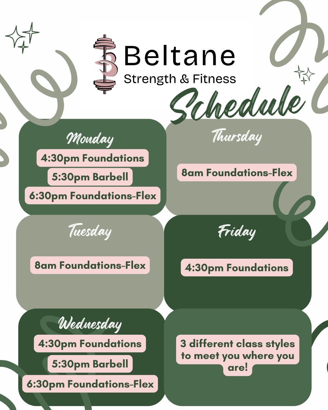 📣Updated schedule for our small group strength training classes!

We offer 3 different styles of classes to meet you where you are at any given time.

Ready to get started?

💪Go to the link in bio or DM us to schedule your first session or speak wi