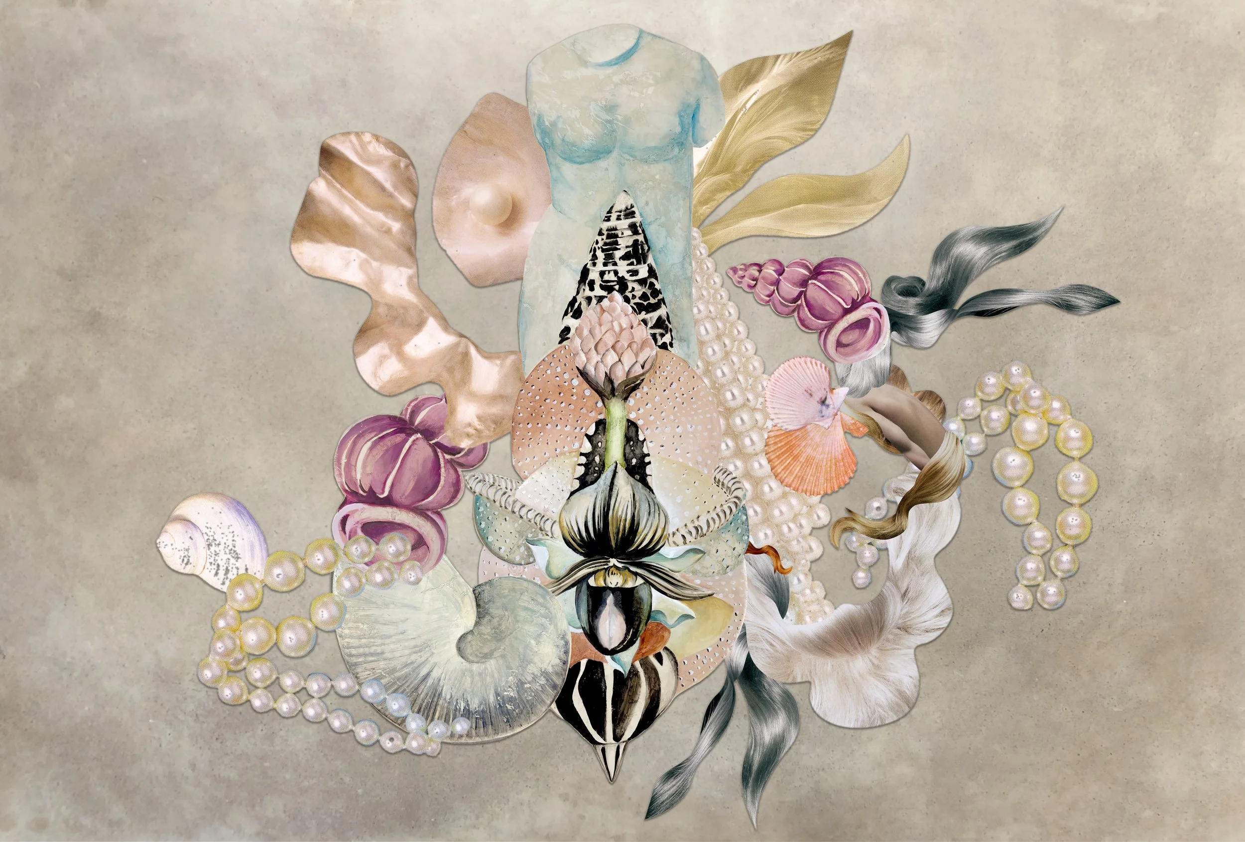 Fresque murale, mix technique, collage artistique composé de divers éléments peints et photographiques. Coquillages, perles, cheveux, buste de femme évoquant la statuaire antique, et des motifs abstraits aux couleurs pastel qui évoquent l'eau. Patine