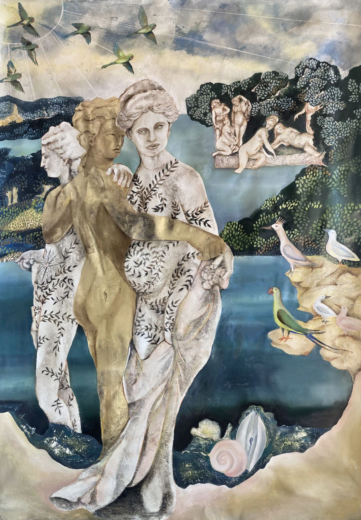 Trois femmes se tiennent côte à côte au bord de la mer comme les trois grâces.  L'une est enceinte, avec une spirale sur son ventre. Une autre porte un soleil. Au centre la troisième ouvre les bras pour les relier. Coquillages et oiseaux à l'horizon.