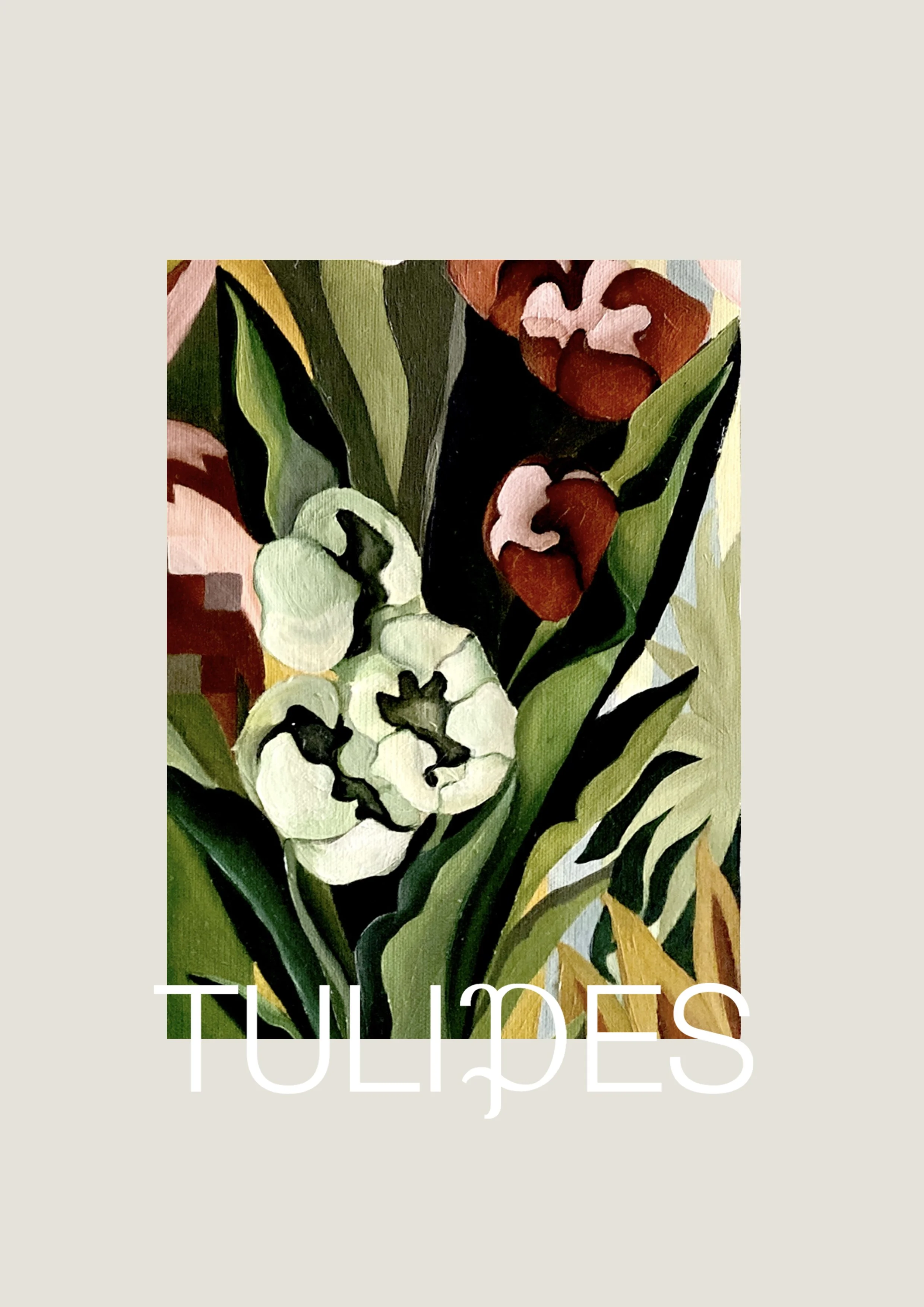 Une peinture florale représentant des tulipes dans des tons de blanc, rouge, ocre jaune, et vert.
