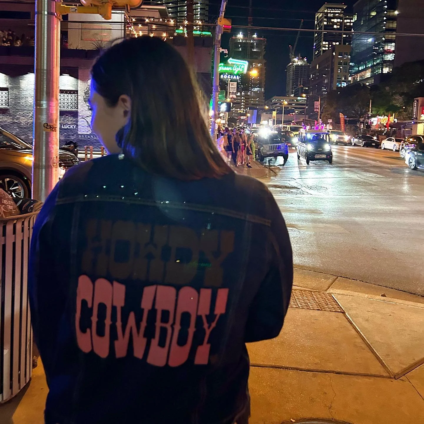 Spotted on #sixthstreet @skyler_melder wearing the Howdy Cowboy Reclaimed Denim! #howdycowboy #austin #texas #nightout #smallbusiness #supportsmallbusiness #buyartfromartists